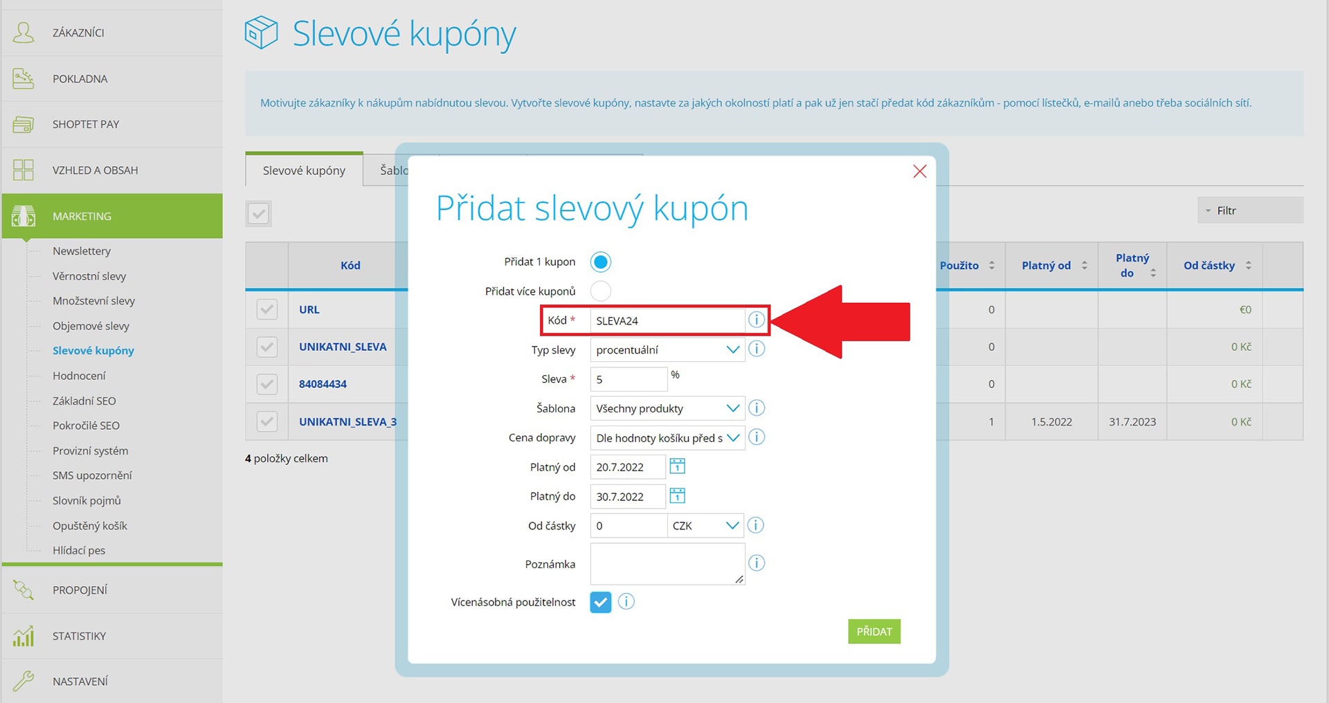 Slevový kupón v Shoptet administraci eshopu